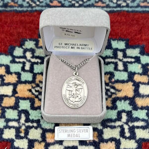 St. Michael the Archangel Sterling Silver Oval Religious Medal 24” Heavy Chain